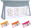 Sunscreen Bag Clear Makeup Bag Chenille Letter Sun Cosmetic Pouch Summer Beach Essential Cute Toiletry Pouch Travel Accessories Gifts for Women