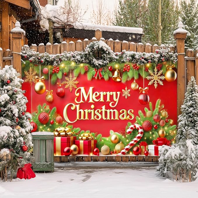 Merry Christmas Backdrop 71x43 Inches Red and Gold Gift Box Scene Banner Holiday Party Photography Background Indoor Outdoor Christmas Decorations for Wall or Door