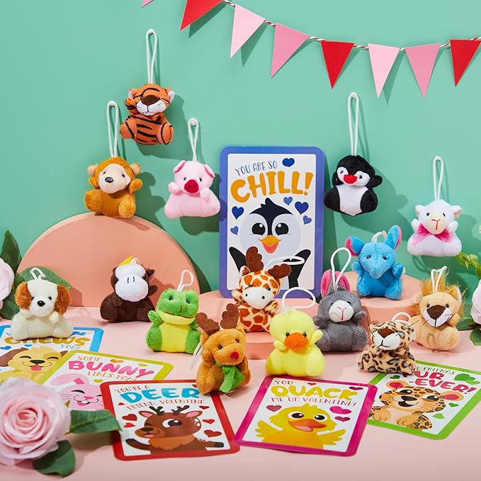 JOYIN 30 Packs Valentine's Day Gifts Cards with Plush Toy for Kids, Valentine's Plush Keychain Toy for Classroom Exchange Cards and Party Favor, Greeting Gifts, Game Prizes