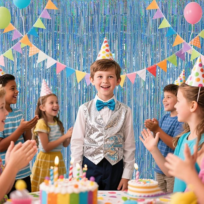 Light Blue Metallic Streamer Backdrop with Glitter Tinsel,3.28 x 6.56ft Foil Fringe Curtains for Gender Reveal & Ocean Theme Wall Hanging Party Supplies, Birthday/Wedding/Photoshoot