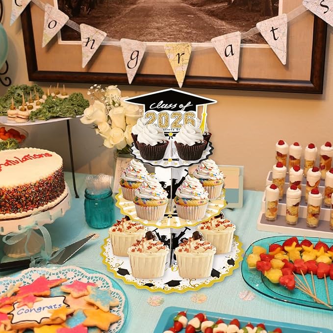 Set of 2 Graduation Cupcake Stand for 50 Cupcakes Black Gold Graduation Cap Decorations Cardboard Cake Dessert Holder Tower for Class of 2026 Congrats Grad Party Supplies