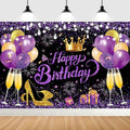 YinQin 180x120 cm Glitter Purple Golden Happy Birthday Party Backdrops Cloth 71x47 inch Photography Bday Backgrounds Black Purple Gold Happy Birthday Sign Banner Decorations for Girl Women