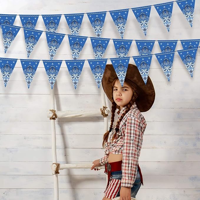 Boao 5 Pack Western Cowboy Party Decorations Bandana Pennant Banner Wild West Decor Western Cowboy Themed Yee Haw Country Party Decoration Supplies 9.8 x 5 ft(Blue Paisley)
