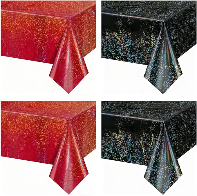 4Pcs Red and Black Holographic Tablecloths Rectangular Black Iridescent Tablecloth Shimmer Metallic Red Table Covers for Halloween Retirement Family Gatherings Christmas Party Supplies, 54 x 108Inch
