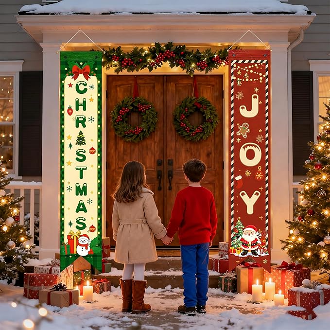 3PCS Christmas Party Decorations Merry Christmas Porch Banners Xmas Hanging Signs Holiday Wall Decor Rustic Farmhouse Xmas Porch Signs for Indoor Outdoor Photo Booth Backdrop Winter Party Supplies