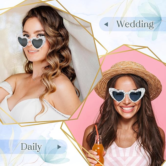 PANTIDE Bride To Be Sunglasses - Rhinestone Pearl Heart Shaped Sunglasses, Bachelorette Party Engagement Gift