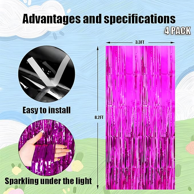 Valentines Day 4 Pack 3.3 * 8.3 ft Foil Curtain Metallic Tinsel Fringe Curtains Photo Booth Props Backdrop for Birthday Wedding Engagement Baby Shower Christmas Holiday Celebration Partyl,Hot Pink