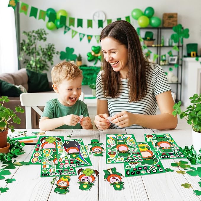 27 Sheets St Patricks Day Stickers for Kids - Leprechaun Make a Face & Shamrock & Four Leaf Clover Stickers for Irish Green Saint Patrick's Day, DIY Classroom Gifts Crafts Games Party Favors Supplies