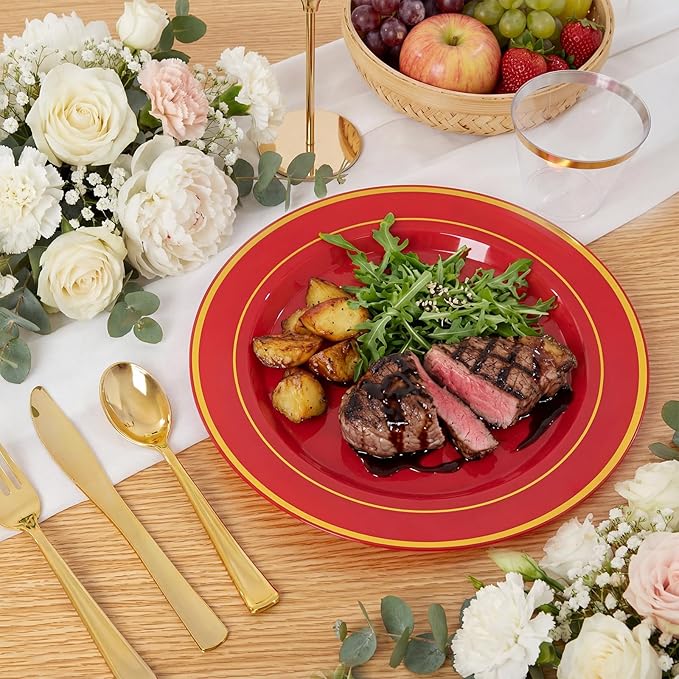 350Pieces Red Plastic Plates with Gold Rim Include 50Dinner Plate 10inch 50Dessert Plate 7inch 50 gold Cups 9 OZ, 50 Pre Rolled Napkins for Party Baby Shower Wedding Spring
