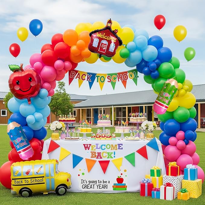 back to school balloons hot pink and red yellow green balloon garland arch kit 130+pcs with school bus classroom apple mylar balloon for back to school Birthday party decorations