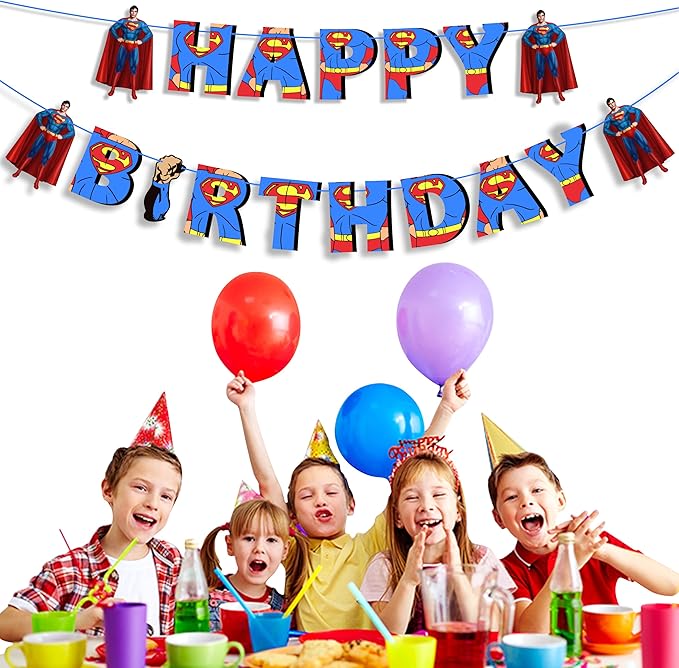Suprmn Happy Birthday Banner – Superhero Themed Birthday Party Decoration – Durable, Reusable, and Easy to Hang Banner for Birthday Parties – Perfect Party Supplies for Boys and Girls Celebration