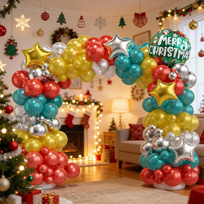 Christmas Balloon Arch Kit, Pearl Red Teal Blue Gold Silver Balloons Garland Arch with Metallic Silver Balloons, Round Garland Santa Claus Stars foil Balloon for Christmas New Year Party Decorations
