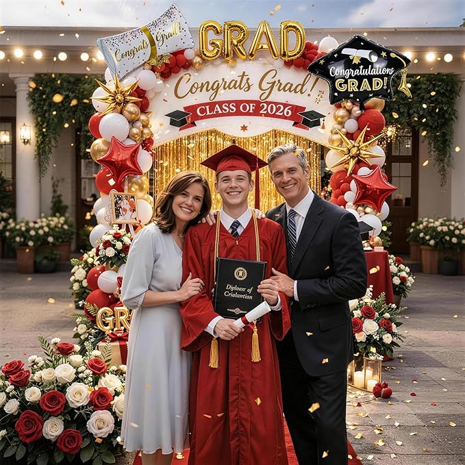 Red Graduation Balloons Garland Arch Kit, 115 PCS Red Gold White Graduation Star Print Cap Certificate Grad Foil Balloons with Gold Explosion Star Balloon for Graduate Class of 2026 Prom Party Decor
