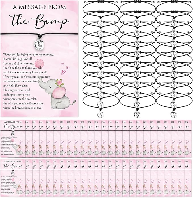 Thyle 50 Set Pink Elephant Baby Shower Favors for Guests Adjustable Bracelets with Message from the Bump Card Footprints Charm Baby Shower Bracelets for Gender Reveal Thank You Gifts
