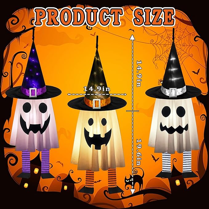 Halloween Decorations Outdoor - 3PCS Halloween Hanging Light up Ghosts, Orange & Purple & White Spooky Glowing Ghost Witch Hat for Garden Yard Tree Haunted Houses Indoor Outside