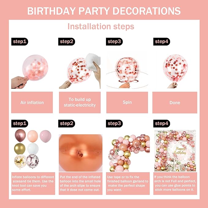 Rose Gold Floral Birthday Decorations for Women,Balloon Garland Kit, Pastel Nude Pink Metallic Matte White Balloons with Gold RoseGold Confetti for Princess Girl Party