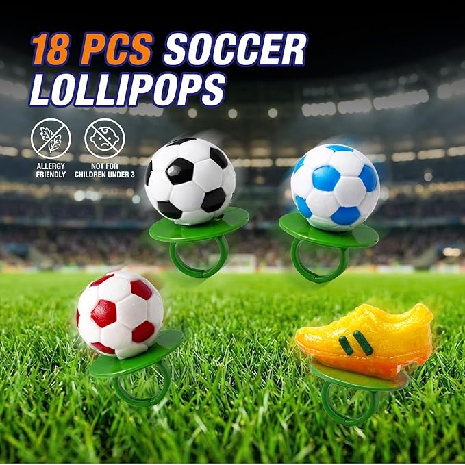 Soccer Themed 3D - Ring Lollipops 18 pk Assorted Fruit Flavors, Soccer Ball & Golden Boot Shaped Lollipop Ring Candy Suckers Individually Wrapped Bulk, Sports Candy Snacks for Party Treats Goodie Bags