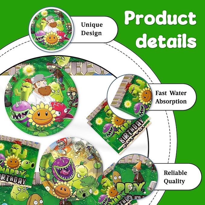 deenor 41Pack Plants Zombies Birthday Party Supplies include 20 plates, 20 napkins and Tablecloth for Zombies Party Decoration