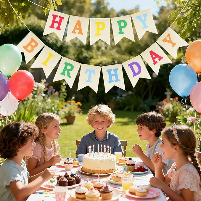Anwyll Happy Birthday Banner - NO DIY Burlap Happy Birthday Banner Sign Happy Birthdays Party Decoration Happy Birthdays Banners Bunting for Women Men Girl Boy Celebration Party Backdrops (Rainbow)