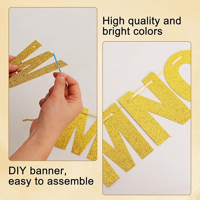 BEISHIDA 116 PCS A-Z DIY Letter Banner Kit Make Your Own Banner Glitter Gold Including 111 Letters and Numbers 3 Rope and 2 Threading Device,Customized for Birthday Graduation Wedding Party Decor
