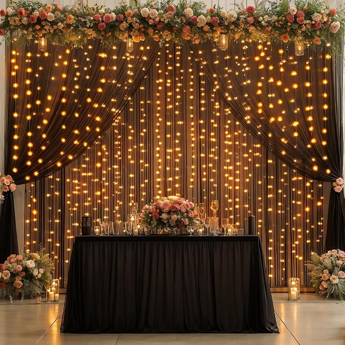 10x10FT Black Wrinkle Free Backdrop Curtains with Lights String for Parties - Photo Curtain Backdrop with Lights for Wedding Decorations, Bridal Baby Shower Birthday Party Photography Background