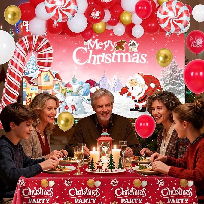 Christmas Party Decorations Set, Red White Gold Christmas Balloon Garland Arch with Candy Cane Foil Balloons, Merry Christma Backdrop Banner Tablecloths for Xmas Party Decorations Supplies