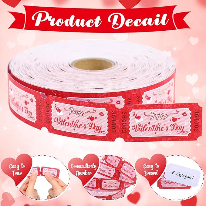 Cholemy 1000 Pcs Valentine Raffle Tickets Roll Romantic Red Heart Carnival Raffle Ticket Numbered Door Drinks Surprise Reveal Gift for Happy Valentine‘s Day Wedding Anniversary Party Favors Supplies