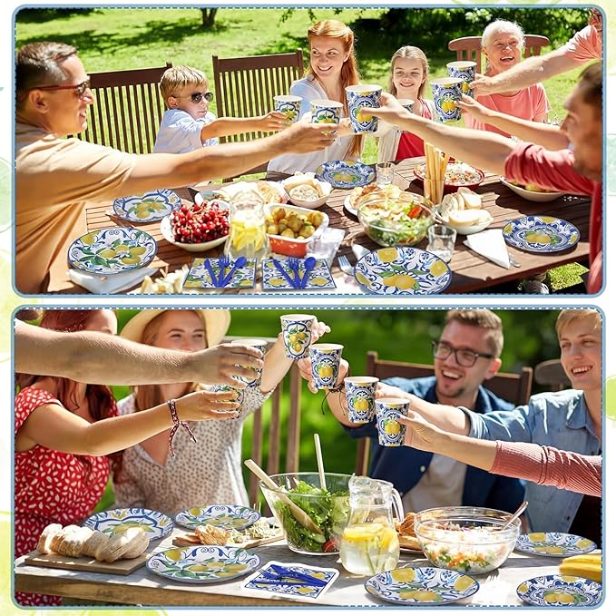 450 Pcs Capri Lemon Party Tableware Set Decorations Mediterranean Blue and Yellow Paper Plates Napkins Cups Cutlery Straws for Summer Birthday Wedding Baby Bridal Shower Supplies, Serves 50