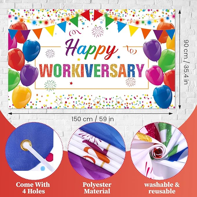 Happy Work Anniversary Decorations Colorful Happy Workiversary Banner Honeycomb Centerpieces Hanging Swirls Tissue Paper Pompoms Sash for Men Women Office Employee Worker Pastor Appreciation Supplies