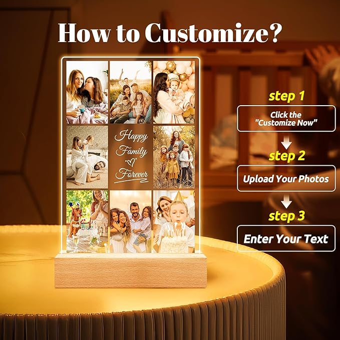 Personalized Collage Picture Frames with Photos, Custom Photo Frame with Night Light, Customized Picture Frame, Personalized Birthday Gifts for Women Men Mom Dad Kids Baby Family Friends