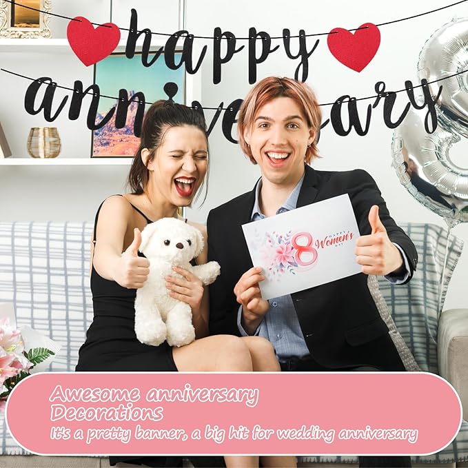 Happy Anniversary Banner, Glitter Wedding Anniversary Romantic Decorations No DIY Banners for Baby Shower Couples Birthday Party New Year(Black)
