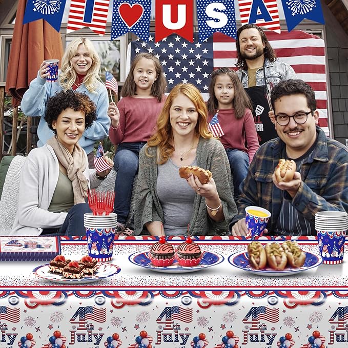 122 PCS 4th of July Plates and Napkins Sets, Independence Day Party Supplies Include Patriotic Plates and Napkins,Cups,Forks,Banner and Tablecloth for Patriotic 4th of July Party Decorations, Serve 24