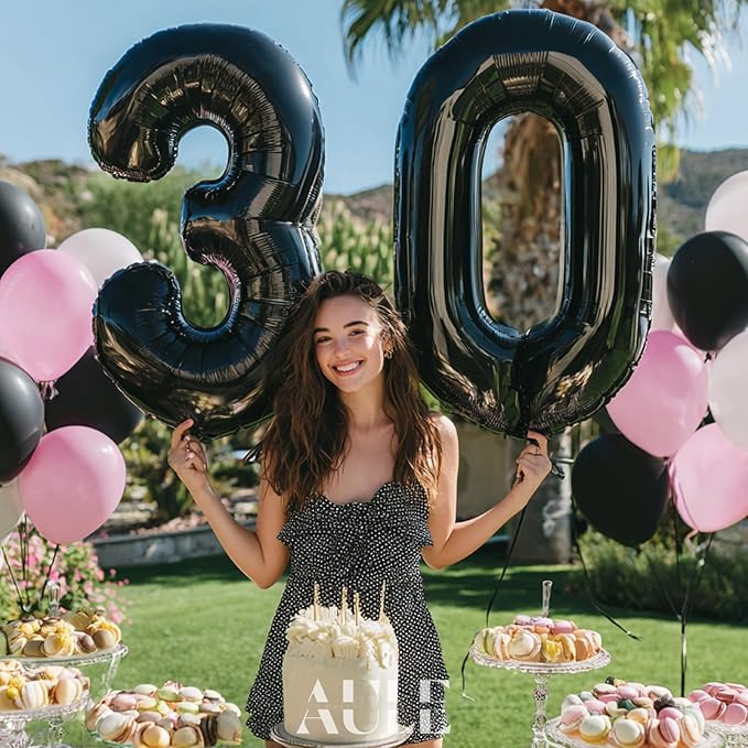 AULE 40 Inch Jumbo Black Foil Mylar Number Balloons for Men Women 30th Birthday Party Decorations 30 Years Old Anniversary Party Supplies