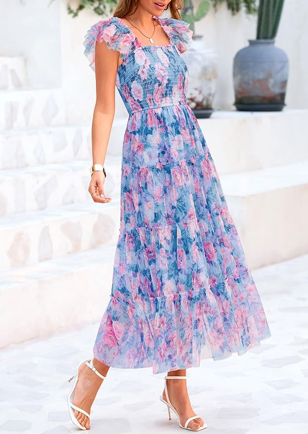 PRETTYGARDEN Women's Summer Tulle Midi Dress Sleeveless Smocked Ruffle Flowy Mesh Dresses Party Wedding Guest Sundress