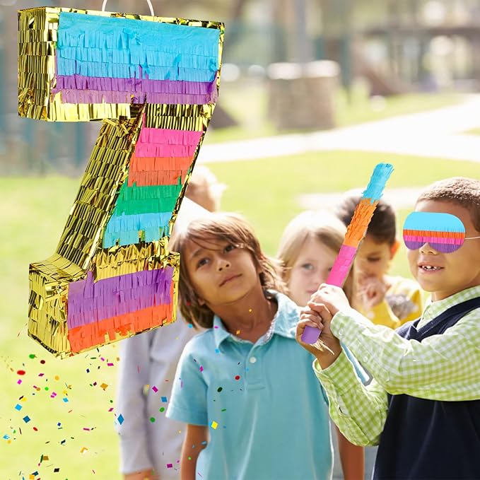 Rainbow Number 7 Pinata Birthday Decorations for Kids, Rainbow Pinata with Bat Stick Blindfold for Boys Girls 7th Birthday Celebrations Baby Shower Party Supplies (16.1x10.6x2.9 Inches)