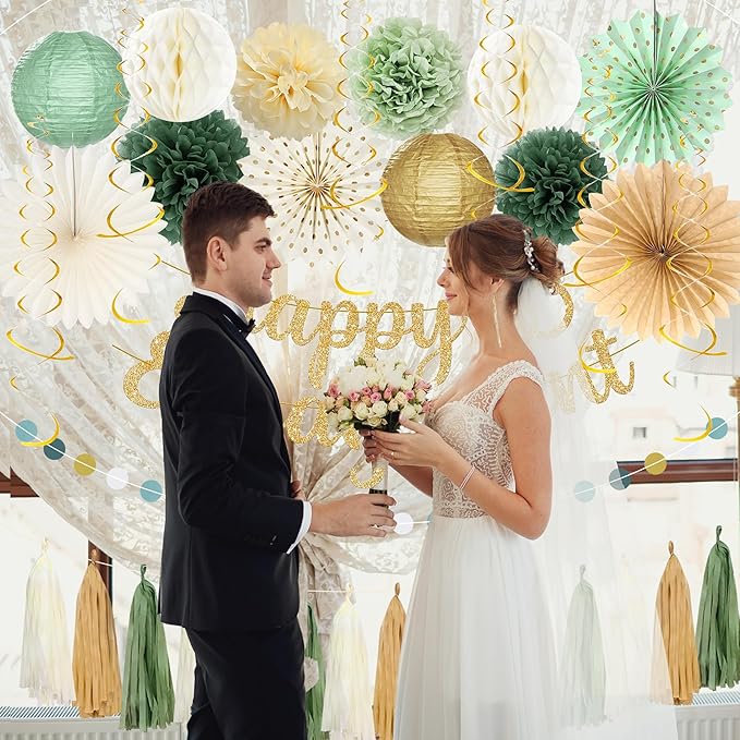 Roetyce Engagement Party Decorations, Green and Gold Glitter Happy Engagement Banner, Almost Married/Just Engaged Photo Background, Sage Green Congratulations Wedding Bachelorette Backdrop Decor