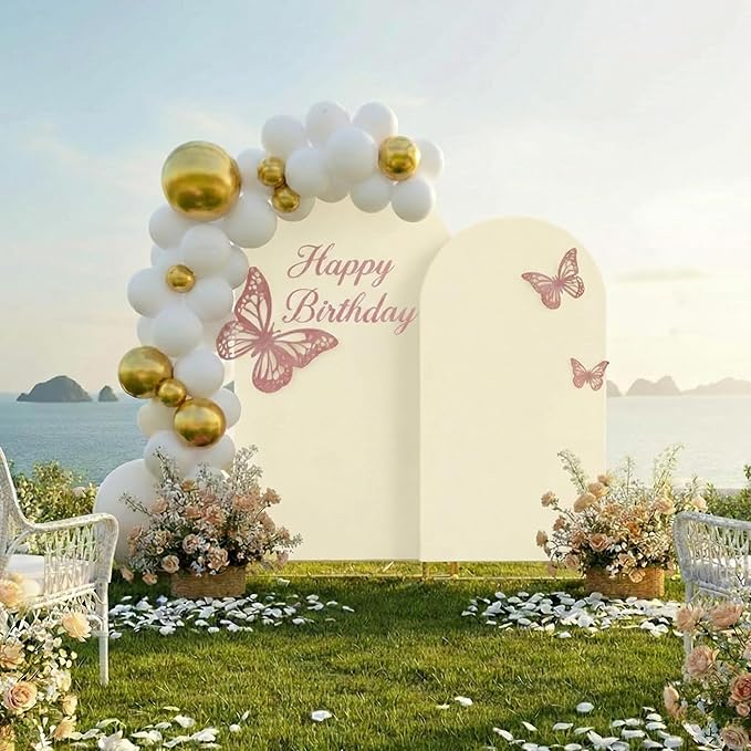 2 Metal Arch Backdrop Stand and 2 Cover Set, Sturdy 7.2FT, 6FT Party Backdrop Set, Wedding Arch Frame and Cover Set for Birthday, Baby Shower,Christmas, Anniversary(Beige)