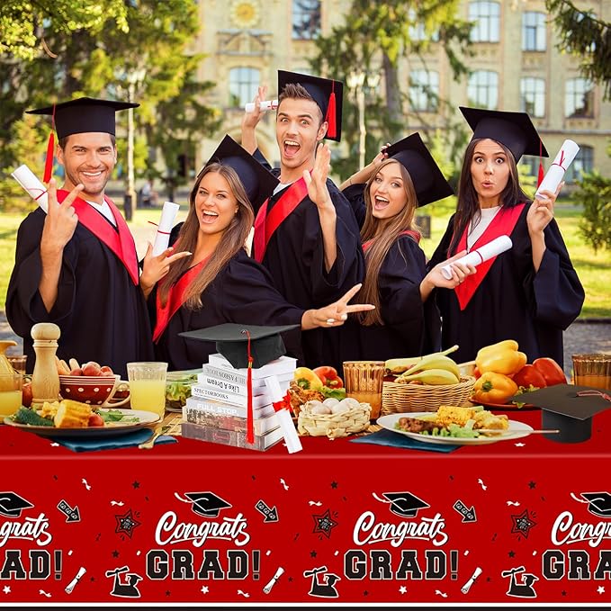2 Pack Graduation Tablecloth - Congrats Grad Table Cloths, Plastic Disposable Rectangle Red Class of 2026 Table Cover for Graduation Tables Decorations Party Decor Supplies Favors,108 x 54 Inch