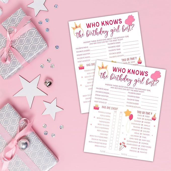 6"X8" Who Knows The Birthday Girl Best - Pink Theme Funny Double-Sided 3-in-1 Game Card Set for Girls Birthday Party, Sleepover Party Activities Party, Favor & Supplies (20 Pcs)- A01