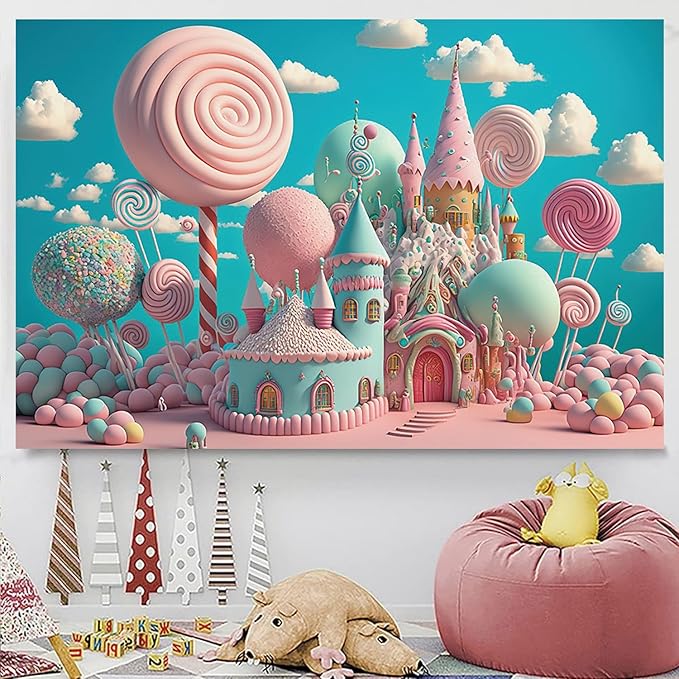 8x6ft Candyland Backdrop Fantasy Pink Sweet Candy Castle Photography Background Children's Birthday Party Candyland Theme Decorations Banner Photo Studio Props