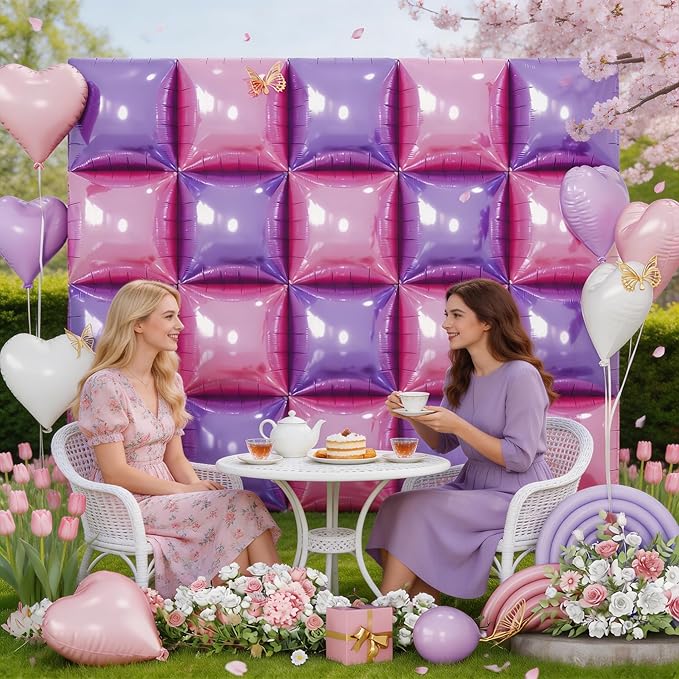 Pink and Purple Square Foil Balloons Wall, 25PCS Double Sided Pastel Pink Metallic Purple Balloons Backdrop Tunnel Flat Background Decorations for Girls Women Butterfly Theme Birthdays Baby Shower