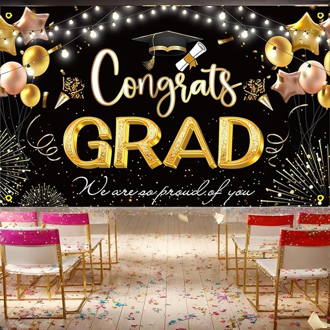 Large Banner and Backdrop for Party, Yard, Garden – Party Supplies for Indoor/Outdoor (Graduation Black)