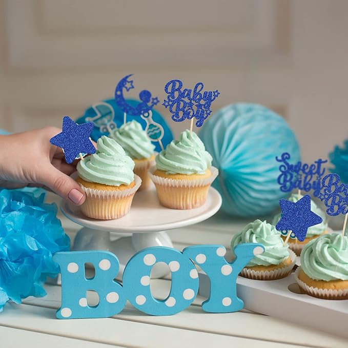 Gyufise 24Pcs Baby Shower Boy Cupcake Toppers Glitter Star Moon Sweet Baby Boy Cupcake Picks Baby Shower Boys Birthday Party Cake Decorations Supplies Deep Blue