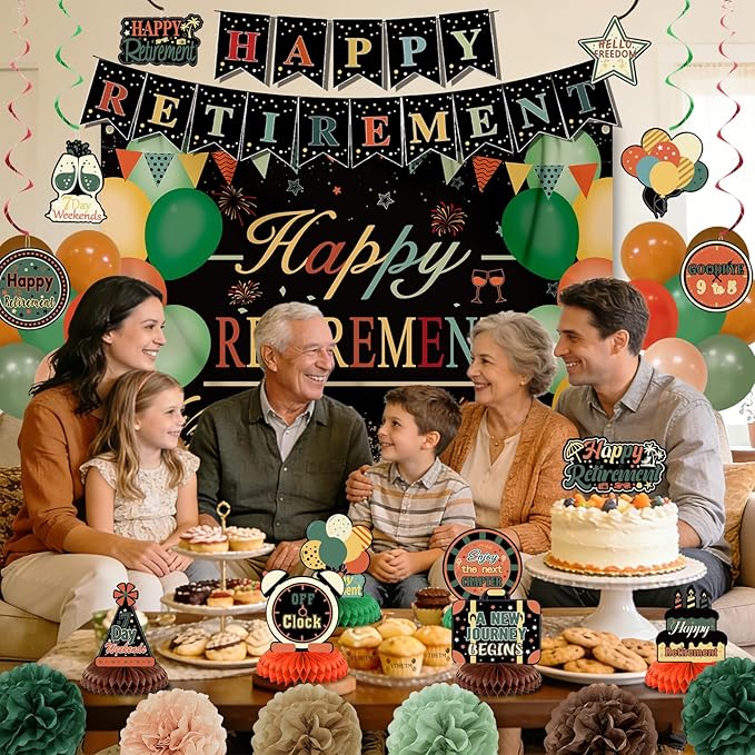 Retirement Party Decorations for Men Women Vintage Happy Retirement Banner Backdrop Balloons Paper Pompoms Honeycomb Centerpiece Cake Topper Hanging Swirl Set