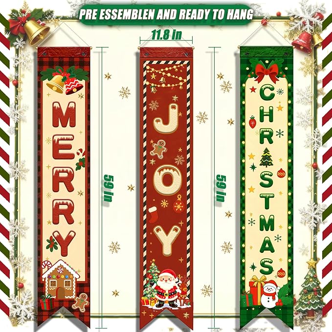 3PCS Christmas Party Decorations Merry Christmas Porch Banners Xmas Hanging Signs Holiday Wall Decor Rustic Farmhouse Xmas Porch Signs for Indoor Outdoor Photo Booth Backdrop Winter Party Supplies
