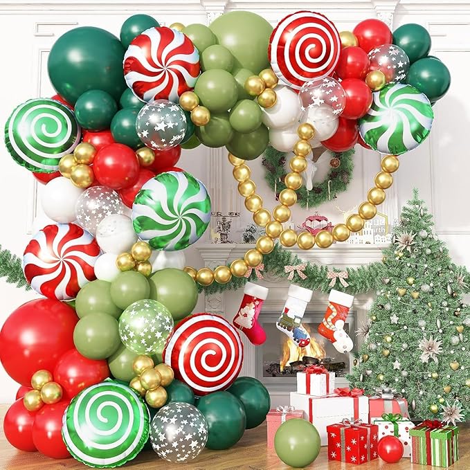 Christmas Balloon Arch Garland Kit, 127Pcs Dark Sage Green and Red White Xmas Balloon with Star Print & Candy Cane Foil Balloons for Merry Christmas Holiday Woodland Winter New Year Party Decorations