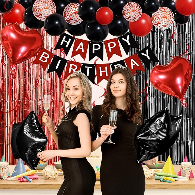 Red and Black Birthday Decorations, Happy Birthday Banner, Confetti Balloons, Fringe Curtain, Heart Star Foil Balloons, Hanging Swirls for Women Girls Princess Party Decorations