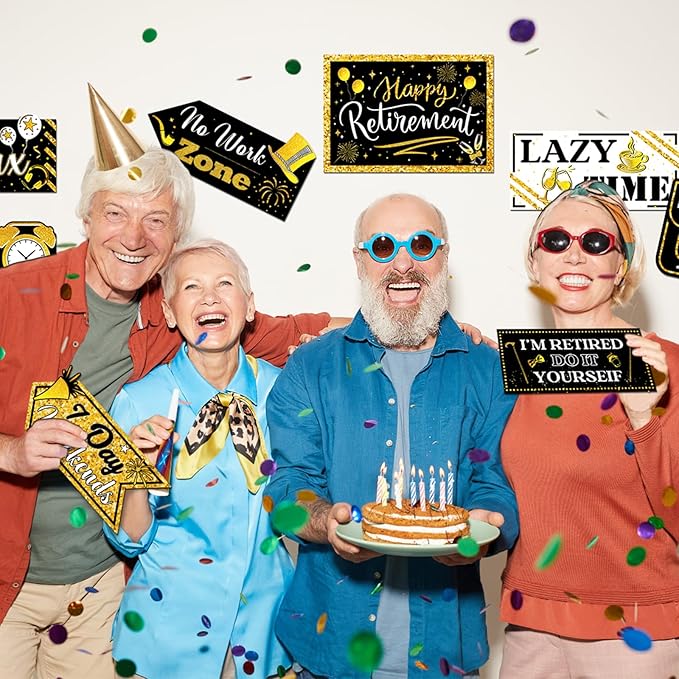 Hooqict Retirement Party Decorations 20 Pieces Happy Retirement Party Signs for Black and Gold Retirement Theme Party Decor Directional Banner Sign Retirement Birthday Party Supplies