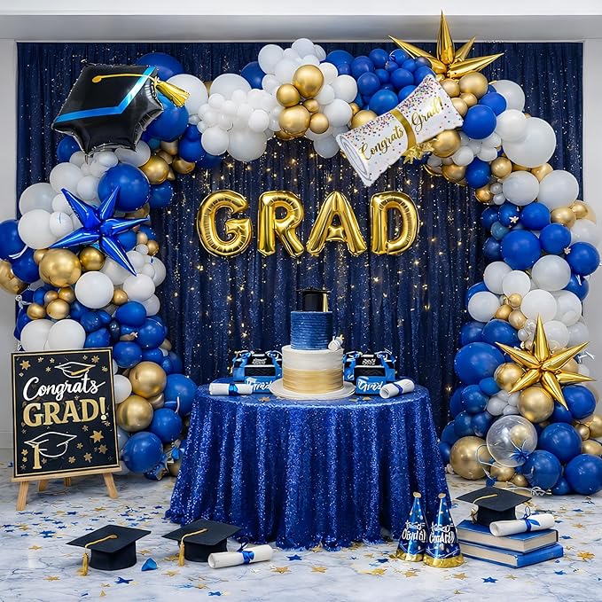 Blue Graduation Balloons Garland Arch Kit, 113 PCS Blue Gold White Graduation Star Print Cap Certificate Grad Foil Balloons with Gold Explosion Star Balloon for Graduate Class of 2026 Prom Party Decor
