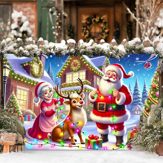 Santa Reindeer Christmas Banner 71x43 Inches Holiday House Backdrop Merry Christmas Decoration for Indoor Outdoor Winter Party Wall Porch Photo Display Festive Family Scene